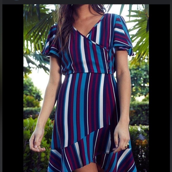 Band Of Gypsies SZ M Annie Faux Wrap Short Sleeve Striped Ruffle Dress Fairy NEW - Picture 4 of 12